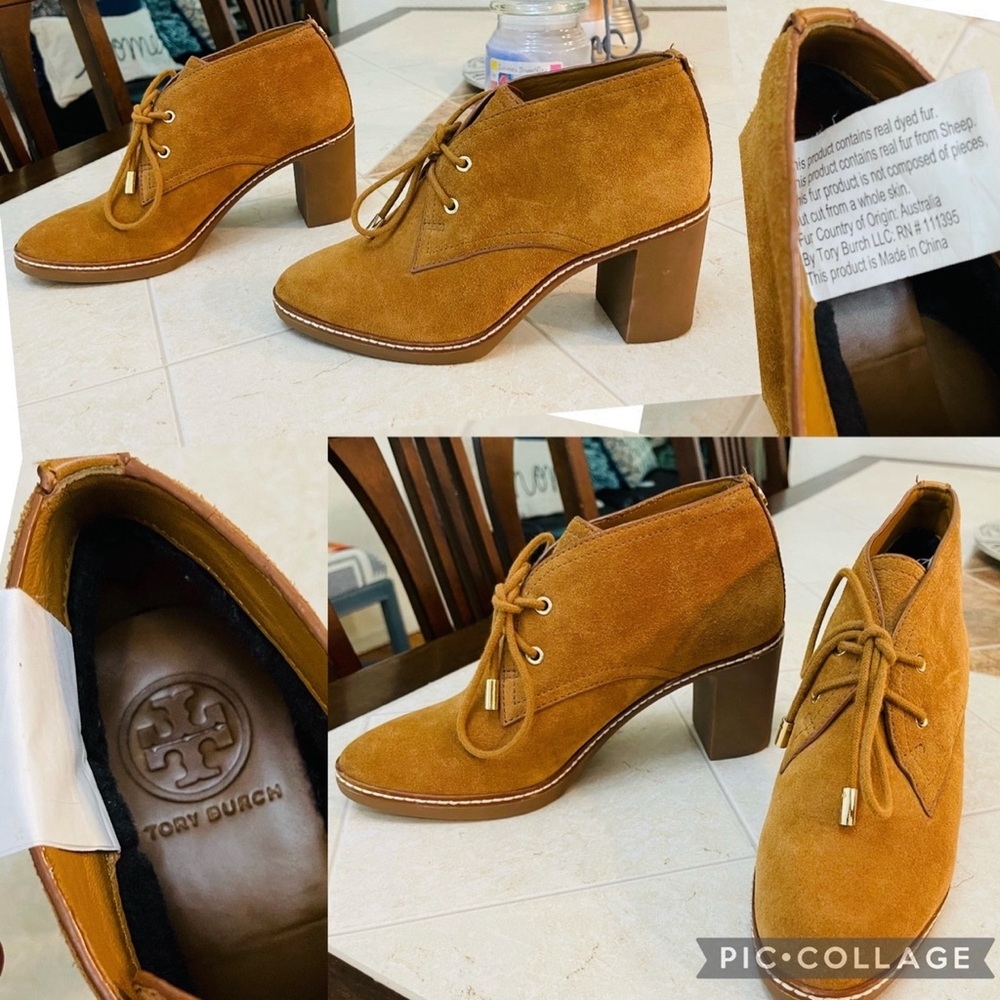 Tory Burch Tan Suede Shearling lined Hilary Style 
Lace-Up Boots